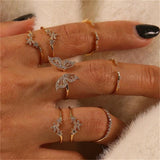 DAIIIBABYYY  -  Bohemian Gold Color Butterfly Rings Set For Women Fashion Shiny Crystal Geometric Flower Knuckle Finger Ring Jewelry Adjustable