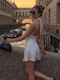 Daiiibabyyy  Chic Backless Polka Dot Halter Dress Women Sleeveless Off Shoulder Lace Up Slim Short Dresses Lady New Daily Party Vestidos