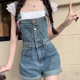 Daiiibabyyy  Women's Clothing Fashion Button Demin Overalls Pockets Spliced Summer New Vintage Straight Basic Wide Leg Rolled Edge Jumpsuits