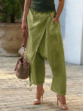 Daiiibabyyy  Women's Baggy Pants Cotton Linen Harem Trousers High Waist Wide Leg Pants Wrap Front Cropped Solid Color White Olive Green Pants