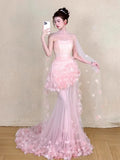 Daiiibabyyy  Pink Long Wedding Dresses Women Tulle Flowers Strapless Pleat Mermaid Formal Prom Party Dance Bridal Evening Dresses
