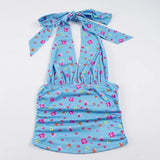 Daiiibabyyy  Blue Floral Halter Top Deep V Neck Ruched Sleeveless Backless Crop Blouse Summer Chic Lady Fashion Casual Streetwear Tops