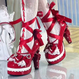 Daiiibabyyy  Original Egg Tart Heart High Heel Lolita Shoes with  Knot Silk Ribbon and Unique Shape Heel for Women