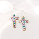 Daiiibabyyy Unique Cross Earring With Flower Handmaking Epoxy Resin Pressed Flower Earring Natural Flower Statement Earring Jewelry 2024 New