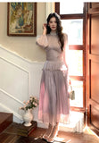 Daiiibabyyy  Autumn Light Luxury Pleated Waist Cinched Long Bubble Sleeve Dress A-line Casual Nail Bead Vintage French Style Party Dresses