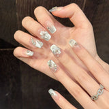 Daiiibabyyy  10pcs Hand-carved 3D Ice Flower Press On Nails Light Blue French Style Cat Eye Handmade False Nail Ins Charm Wearable Fake Nail