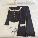 Daiiibabyyy  Lace Sleepwear Women Pajamas Set with Pad Spring Piiama Korean Casual Home Wear New Button Long Sleeve Sets 2 Pieces Night Wears