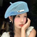 Daiiibabyyy  Summer French Literary Straw Beret Japanese New Hollow Out Breathable Hat Women Face Slim Thin Beanie Painter Hat for Travel