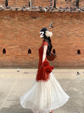 Daiiibabyyy  Red Tassel Qipao Dress Women's Beautiful Patchwork Fake Two-Piece Dress Breathable Short Sleeve Midi Dress Daily Wear