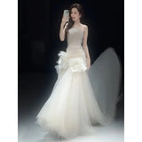 Daiiibabyyy  Bridal Tulle Mermaid Wedding Dress Sweetheart Sleeveless with Pleat and Ruffles Sexy Open Back Sweep Train Sheath Gowns Robe