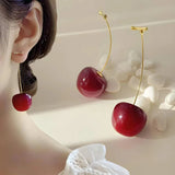 Daiiibabyyy New Fashion Cute Red Cherry Dangle Earrings for Women Sweet Lovely Creative Fruit Drop Earrings Cosplay Accessories