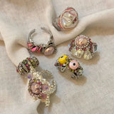 DAIIIBABYYY  -  French niche design tinfoil style bright silver textured gemstone-encrusted open ring