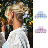 Daiiibabyyy  Gingham Hair Claw Clips for Women Pink Blue Checkered Flowers Zircon Acrylic Jaw Clips Strong Hold Non-Slip Hair Accessories