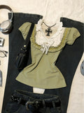 Daiiibabyyy  American Retro Spicy Girl Y2k Versatile Green Lace Bow Mushroom Edge Slimming Patchwork Short Sleeved Top T-shirt