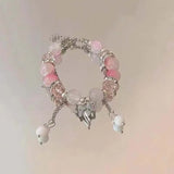 Daiiibabyyy  Korean Pink Crystal Flowers Butterfly Pendant Beaded Bracelet For Women Sweet Beaded Chain Bracelet Jewelry Gifts