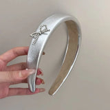 DAIIIBABYYY  - Elegant Silver Bow PU Leather Hair Hoop for Women High Head Top Hairband Unique Headband Hair Accessories