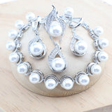 Daiiibabyyy Silver 925 Pearl Jewelry Sets Bridal Wedding White Zircon Rings Earrings Pendant Necklace Bracelets Set