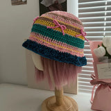 Daiiibabyyy  -  Spring Summer Hand Hook Cotton Knitted Bow Striped Bucket Hat Contrasting Color Women Sweet Cute Knitted Sun Basin Hat