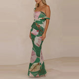 Daiiibabyyy  Pattern printed women's temperament slim fit dress casual vacation elegant off shoulder fashion party long dress