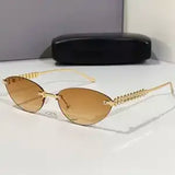 Daiiibabyyy  Retro Frameless Trimmed Cat Eye Rivet Small Frame Sunglasses for Men and Women Round Face Slimming Hip-hop Trampoline Sunglasses