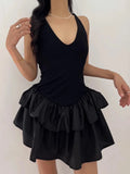 DAIIIBABYYY  -  Double Layered Ruffled Edge Hanging Neck Vest Dress Women Summer New Style French Ballet Cake Short Vestidos