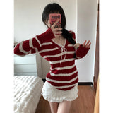 DAIIIBABYYY  -  Women's Contrast Stripes V-neck Bow Long-sleeved Twist Sweaters Autumn and Winter Casual Slimming Versatile Pullovers Knitwear