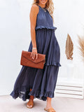 Daiiibabyyy Solid Casual Long Dress Women Summer Female Ruffle Pullover Beach Dresses Ladies Elegant Sleeveless Hollow Tie-Up Party Dress