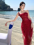 Daiiibabyyy  Retro Hong Kong Style Christmas Robe Red Tulle Neck Hanging Tube Top Atmosphere Dress Long Skirt Sleeveless A-Line Dress