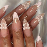 Daiiibabyyy  White Glitter Powder Bowknot Long Pointed Fake Nails Art Ballet False Nail Cow Print Pearl Rhinestone Pink Almond Press on Nails