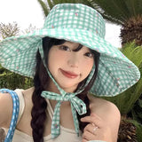 Daiiibabyyy Korean Version Mint Mambo Green Plaid Summer Caps for Women Outdoor Travel Big Brim Sun Protection Versatile Straps Bucket Hat