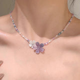 Daiiibabyyy  Purple Flower Crystal Bead Necklace Colorful Mixed Glass Beads Gentle Exquisite High-End Sweet Necklace Women's Jewelry Gifts