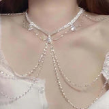 Daiiibabyyy  Luxury Rhinestone Shoulder Chain Necklace For Women Fashion Silver Color Tassel Multilayer Sexy Body Bikini Chest Chain Jewelry