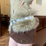 Daiiibabyyy  Fashion PU Leather Leather Fur Belt Faux Fur Rivet Furry Waistband Korean Style Spicy Girl Style Y2K Waistband Dress Decoration