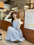 Daiiibabyyy  Korean Style Dress Set Women Spring Gentle Long Plaid Slip Dress Layered Lace Long Sleeve T-shirt Two Piece Set Women Outfits