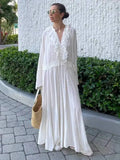 Daiiibabyyy  Elegant White Loose Guaze Long Dresses Woman Casual V Neck Flare Full Sleeve Long Robes New Female High Street Office Dress TP2P