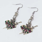 Daiiibabyyy  Gothic Retro Silver Color Sword Relief Rose Flower-shaped  Heart Pendant Dangle Earrings for Women Halloween Earrings Jewelry
