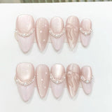 Daiiibabyyy  10pcs Purple Cat's Eye Handmade Fake Nails Tips Glitter Mid-length Oval Press on Nails Art Bow Rhinestone Design False Nail Sets