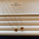 Daiiibabyyy Korean Trendy Red Heart Pendant Golden Stainless Steel Necklace for Women Sweet Elegant Niche Design Party Jewelry Wedding Gifts