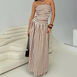 Daiiibabyyy  Casual Street Vacation Style Strapless Stretchable Long Dress Summer Fashion Stripes Printing Ruched Comfort Retro Sundress