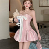 DAIIIBABYYY  -  Princess Sweet Bow Birthday Party Short Pink Dress Slash Neck Fashion Ballet Strapless A Line Dress Small Girl Super Mini Dress