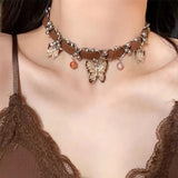 DAIIIBABYYY  -  Sweet Cool Butterfly Star Tassel Leather Brown Choker Clavicle Chain Necklace Female Punk Spicy Girl Grunge Accessories Jewelry