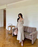 Daiiibabyyy  French Vintage Women Beige Elegant Square Neck Fishtail Evening Party Dresses Autumn Long Sleeve Vacation Pleated Wrap Hip Dress