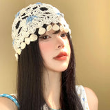 DAIIIBABYYY  -  Bohemian Ethnic Style Shell Pendant Hollow Pullover Hat Women's Summer Fashion Breathable Handmade Crochet Knitted Beanie Cap