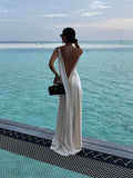 Daiiibabyyy  Women's Elegant Satin V Neck Long Dress Sleeveless Backless High Fork Robes Vacation Beach Maxi Vestidos New Lady Dresses
