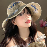 Daiiibabyyy  New Summer Style Flower Patterned Straw Hat Featuring Sunshade Sun Protection Fisherman's Hat French Seaside Beach Vacation Hat