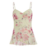Daiiibabyyy  Vacation Y2k Flower Print V Neck Spaghetti Strap Sleeveless Slim All Match Basic Tanks