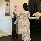 DAIIIBABYYY  -  Autumn Floral Mesh Long Sleeve Chic Bow Collar Long Dress Women Elegant Bodycon Slit Dress 2025 Korean Fashion Party Night Dress