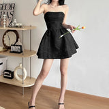 Daiiibabyyy Summer Harajuku Strapless Dress Solid Casual A-Line High Dress Waist Loose Printing Slash Neck Short Mini Dresses Woman