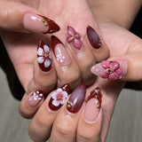 Daiiibabyyy  24Pcs French White Gradient Almond Press on Nails Flower Pattern False Nails with 3D Rhinestone Design Fake Nail Art