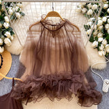 Daiiibabyyy  New Korean 2 Piece Sets See Through Ruffled Cropped Blouse + Sexy Solid Vest Suit Roupas Femme Fashion Solid Color Y2k Outfits